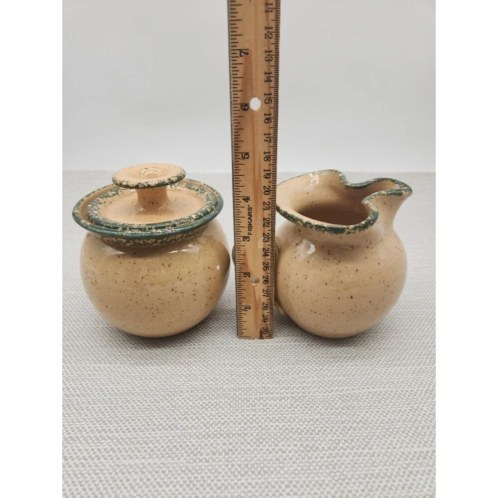 Three Rivers Pottery Cream Pitcher & Sugar Bowl Brown Green Snowman Family